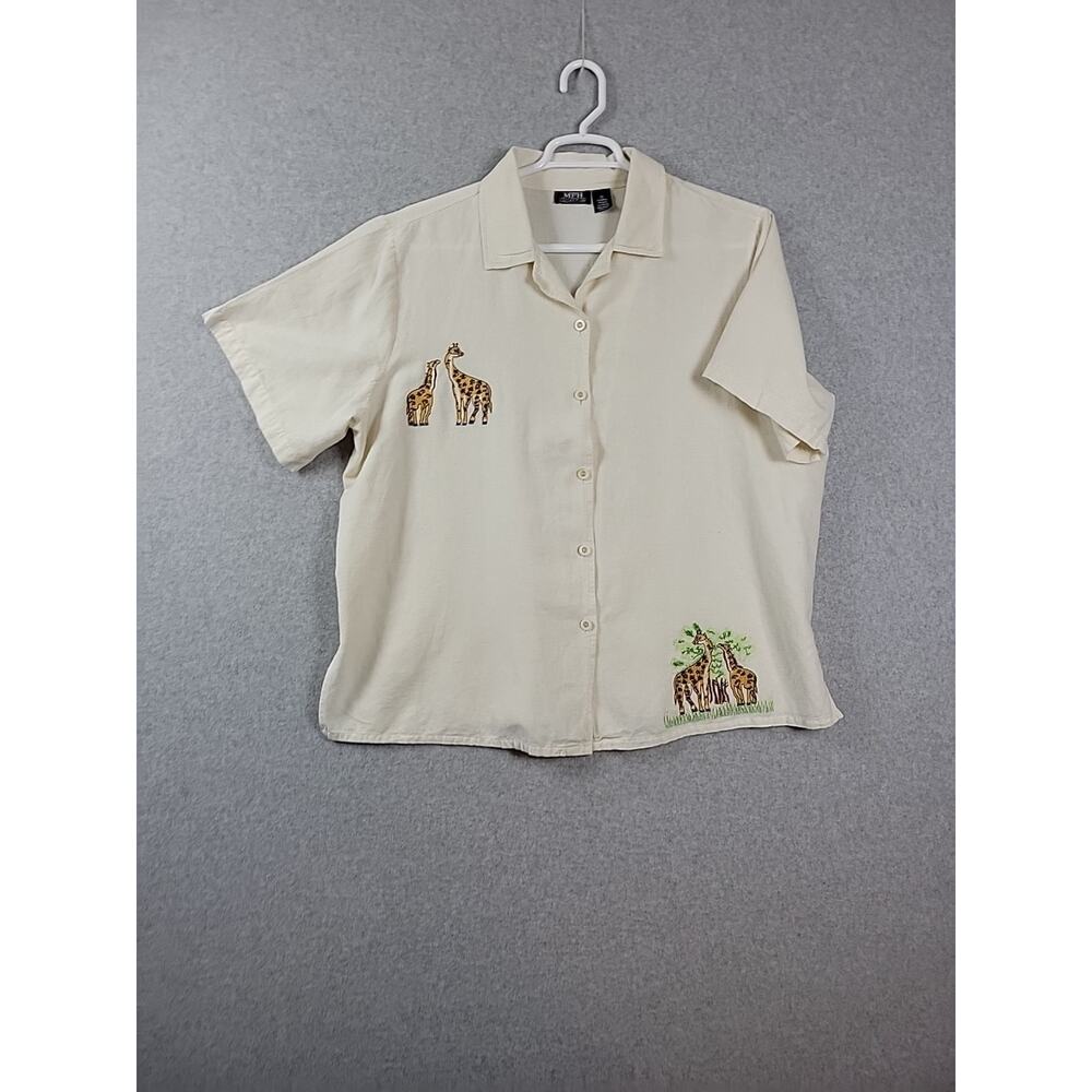 MPH Collection Linen Blend Ivory Embroidered SS Button Up Shirt Women's Plus 3X